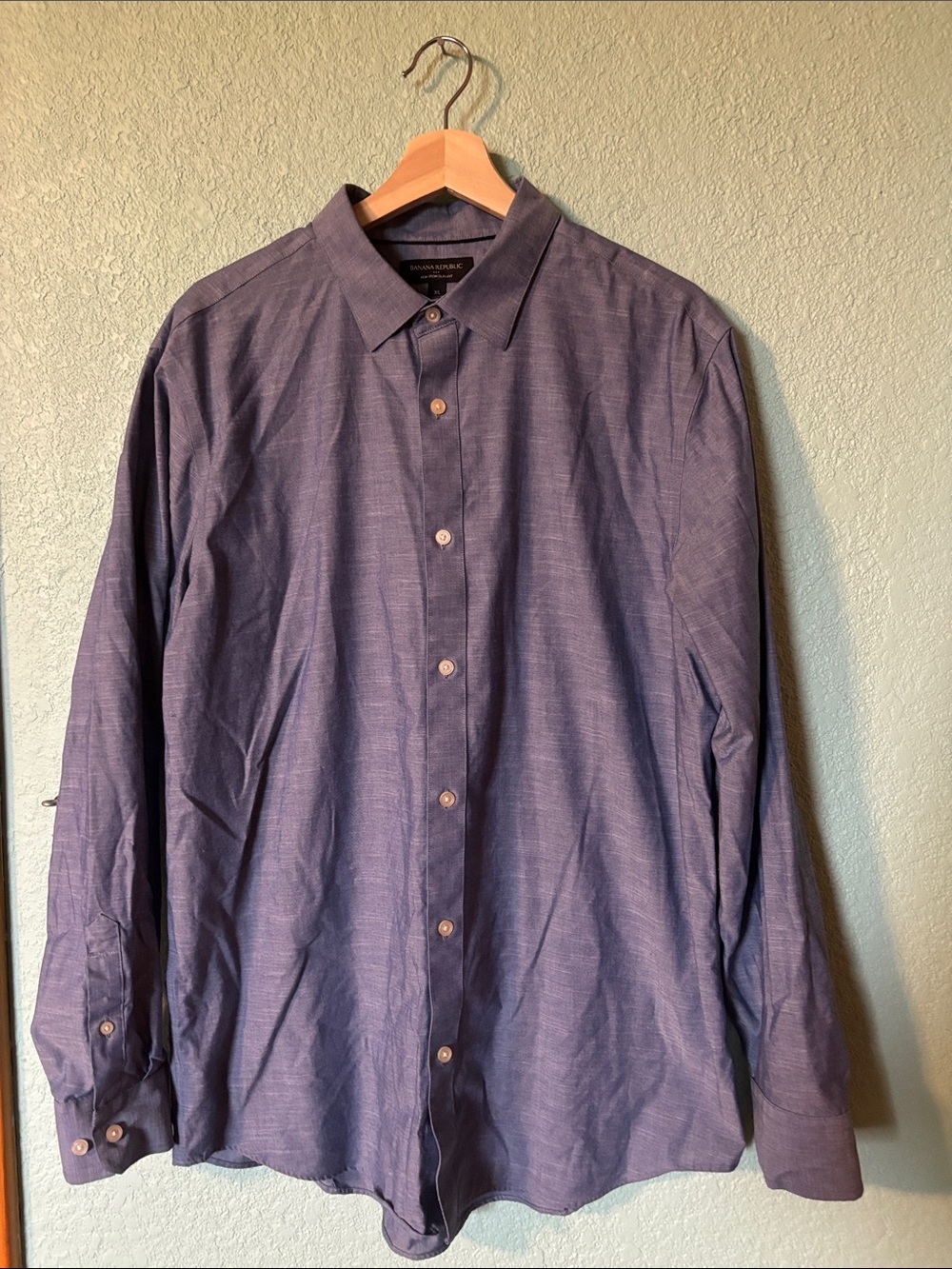 Banana Republic Men's Slim Fit Button-Up Heathered Blue Dress Shirt Size XL Good